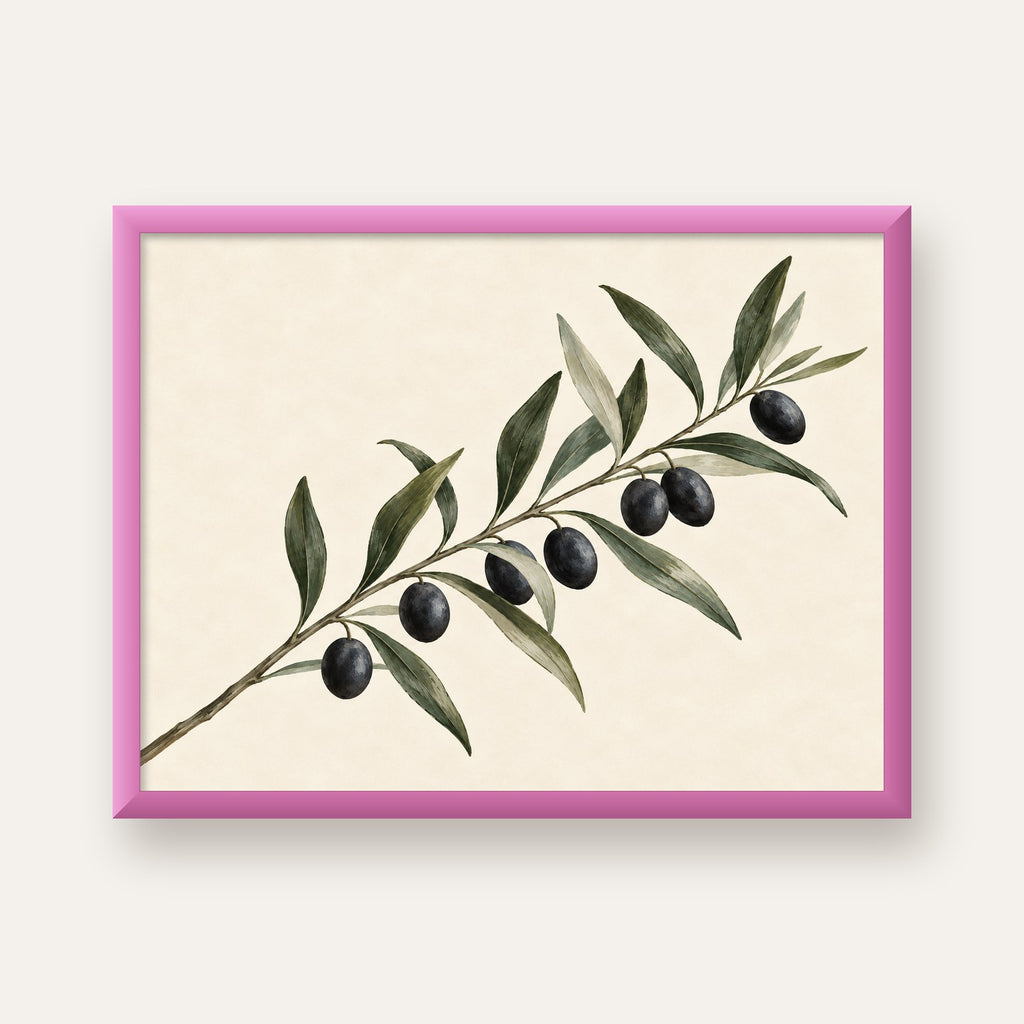 Akdeniz Zeytin Dalı Sade Botanik Poster — pembe çerçeveli