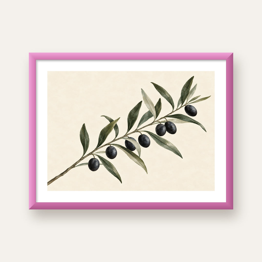 Akdeniz Zeytin Dalı Sade Botanik Poster — pembe çerçeveli paspartulu