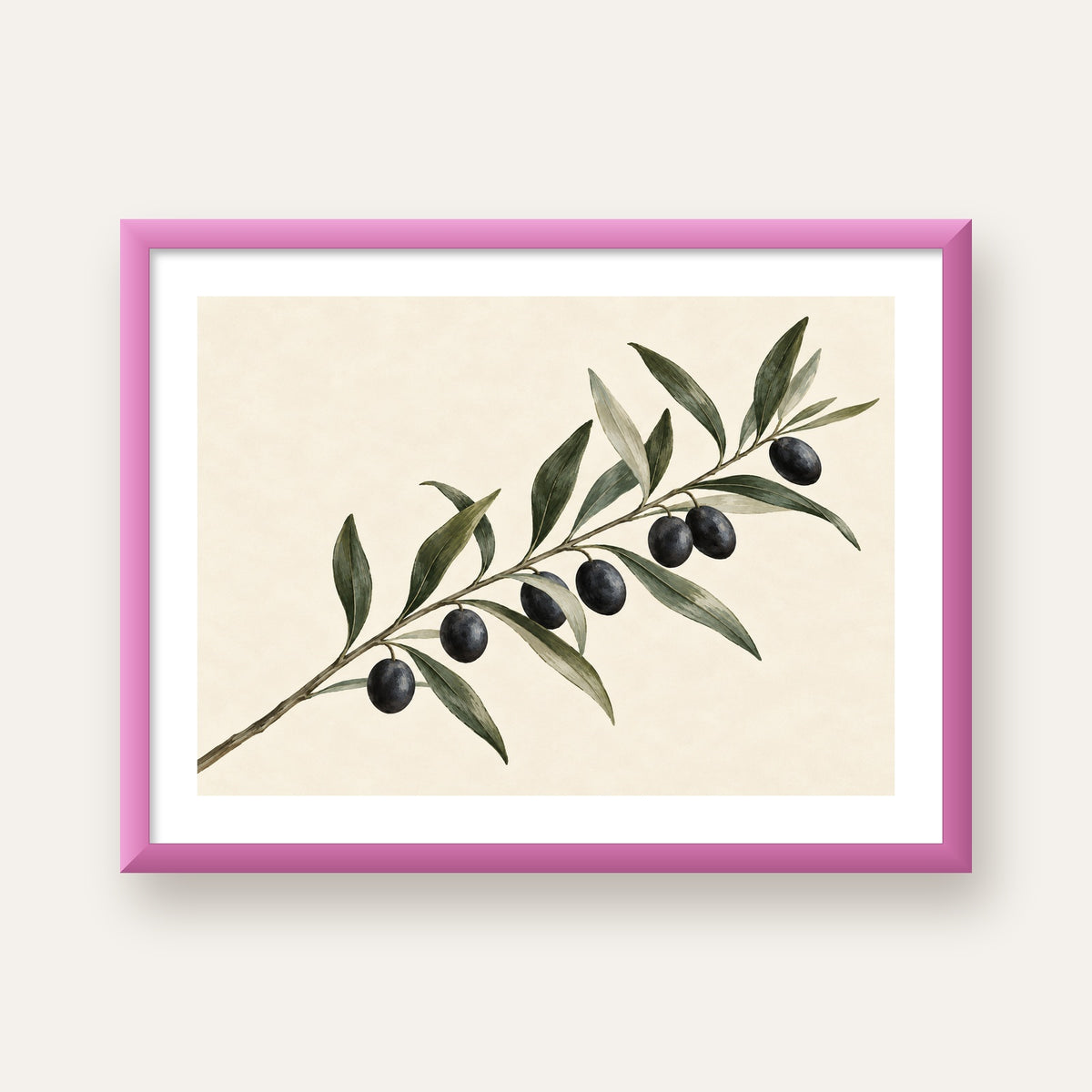 Akdeniz Zeytin Dalı Sade Botanik Poster — pembe çerçeveli paspartulu