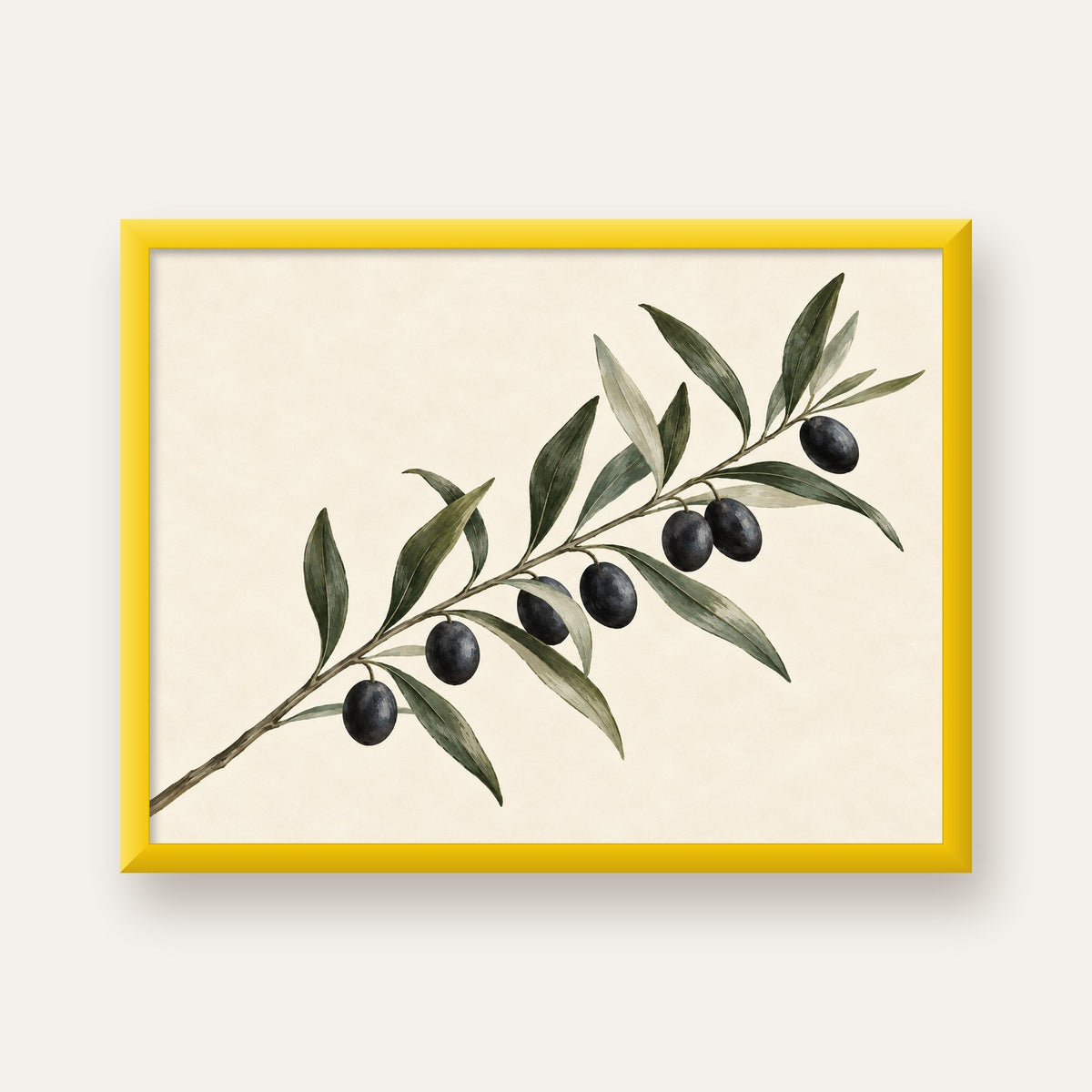 Akdeniz Zeytin Dalı Sade Botanik Poster — sarı çerçeveli