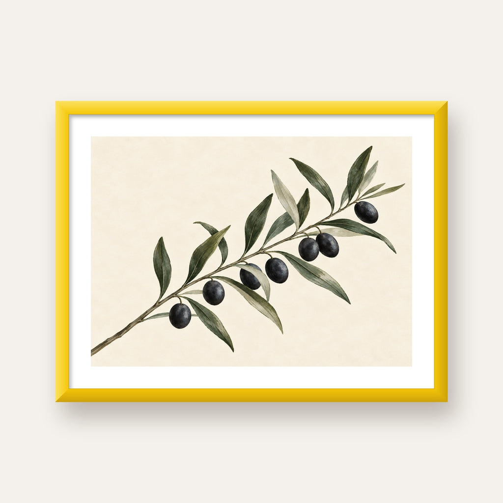 Akdeniz Zeytin Dalı Sade Botanik Poster — sarı çerçeveli paspartulu
