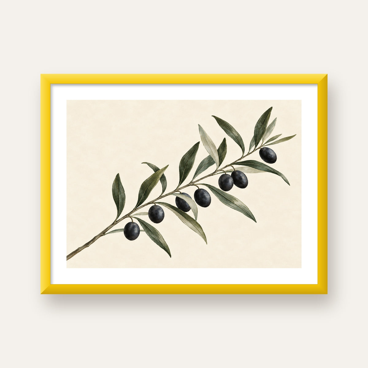 Akdeniz Zeytin Dalı Sade Botanik Poster — sarı çerçeveli paspartulu