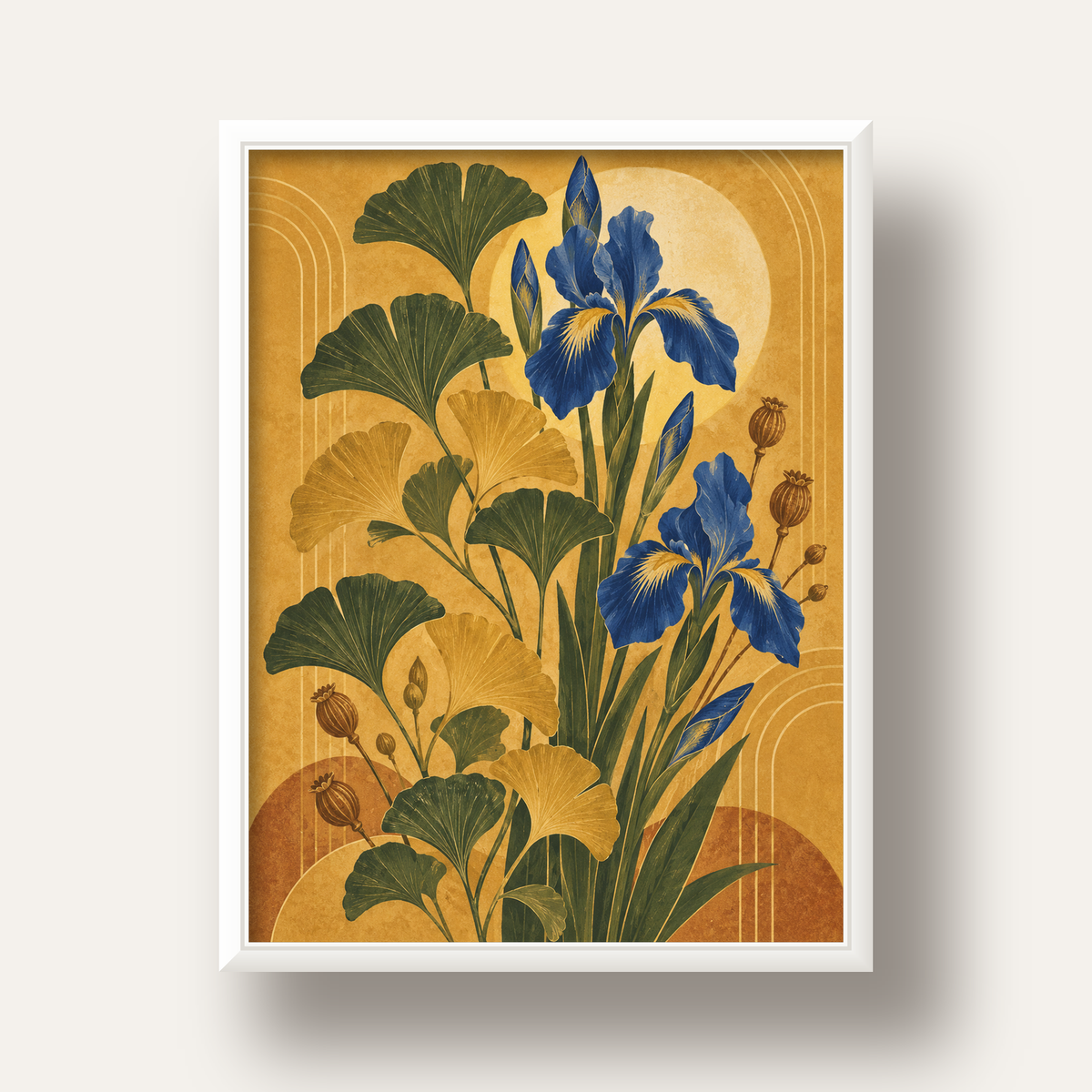 Altın Ginkgo ve Mavi İris Art Deco Botanik Poster — beyaz derin çerçeveli
