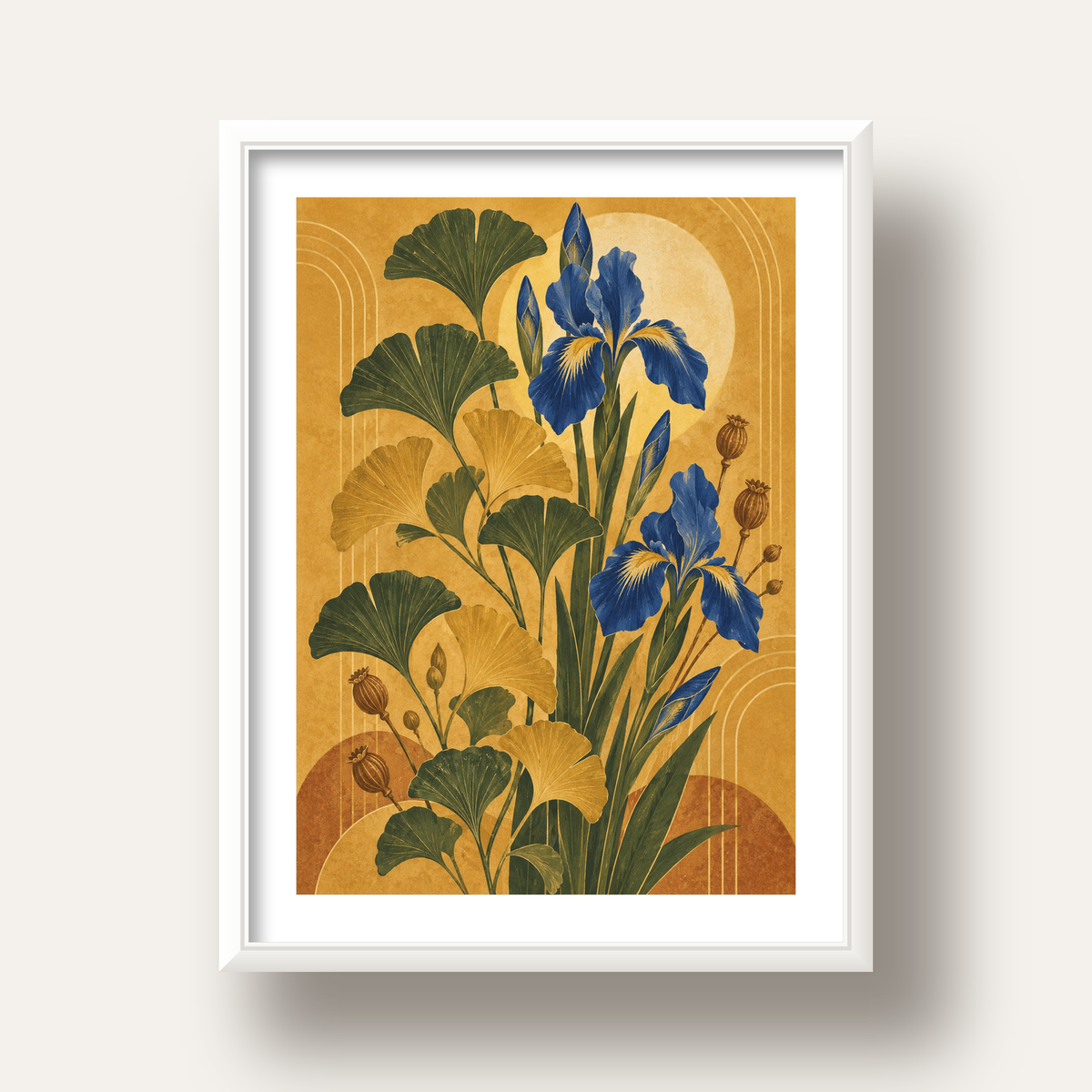 Altın Ginkgo ve Mavi İris Art Deco Botanik Poster — beyaz derin çerçeveli paspartulu
