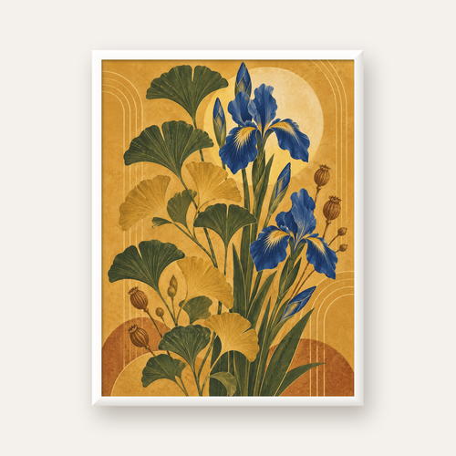 Altın Ginkgo ve Mavi İris Art Deco Botanik Poster — beyaz çerçeveli dikey poster
