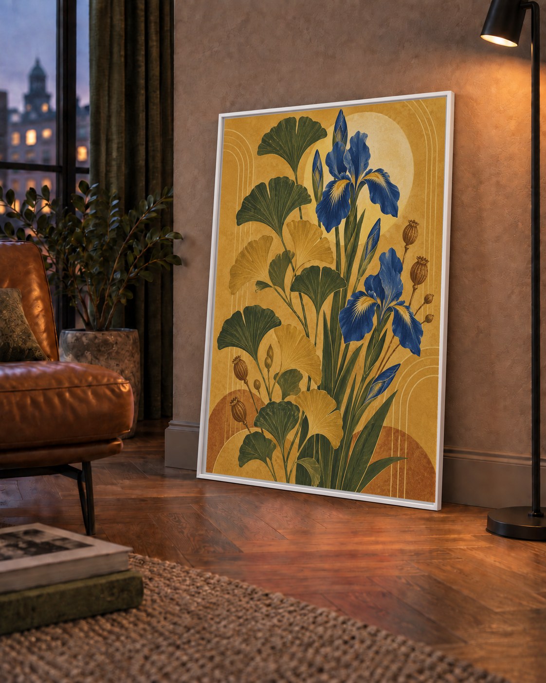 Altın Ginkgo ve Mavi İris Art Deco Botanik Poster — çerçeveli hâliyle bir ev duvarında