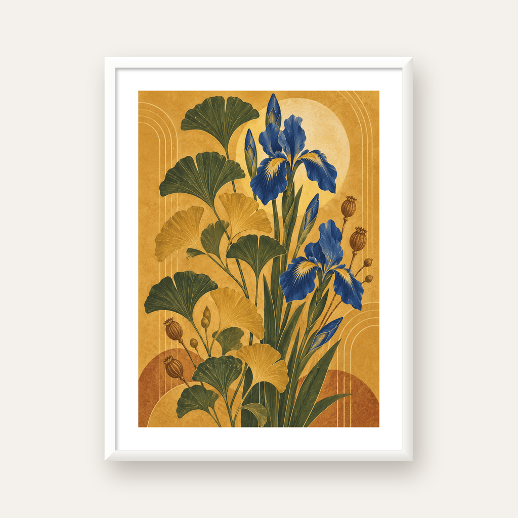 Altın Ginkgo ve Mavi İris Art Deco Botanik Poster — beyaz çerçeveli dikey poster
