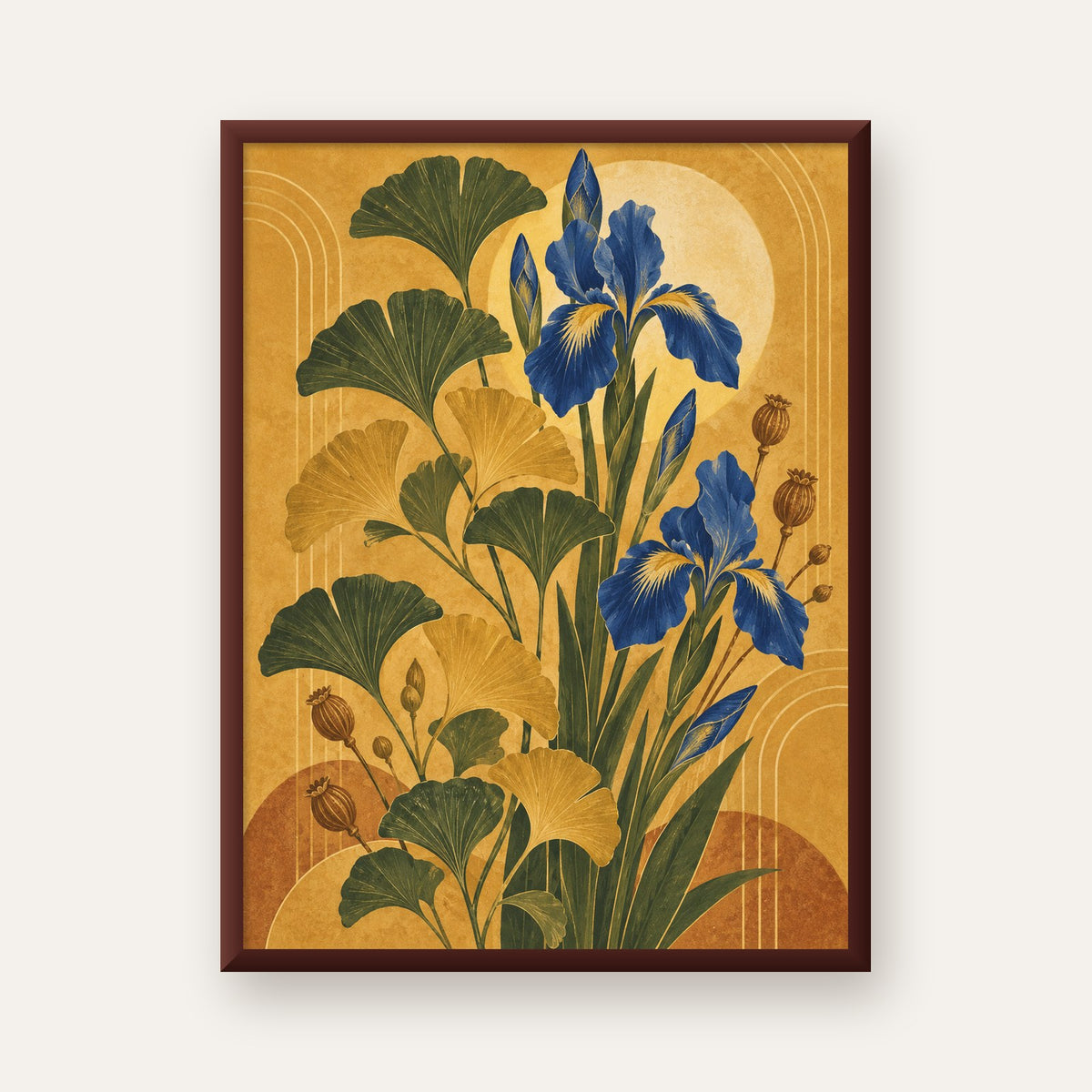 Altın Ginkgo ve Mavi İris Art Deco Botanik Poster — ceviz çerçeveli