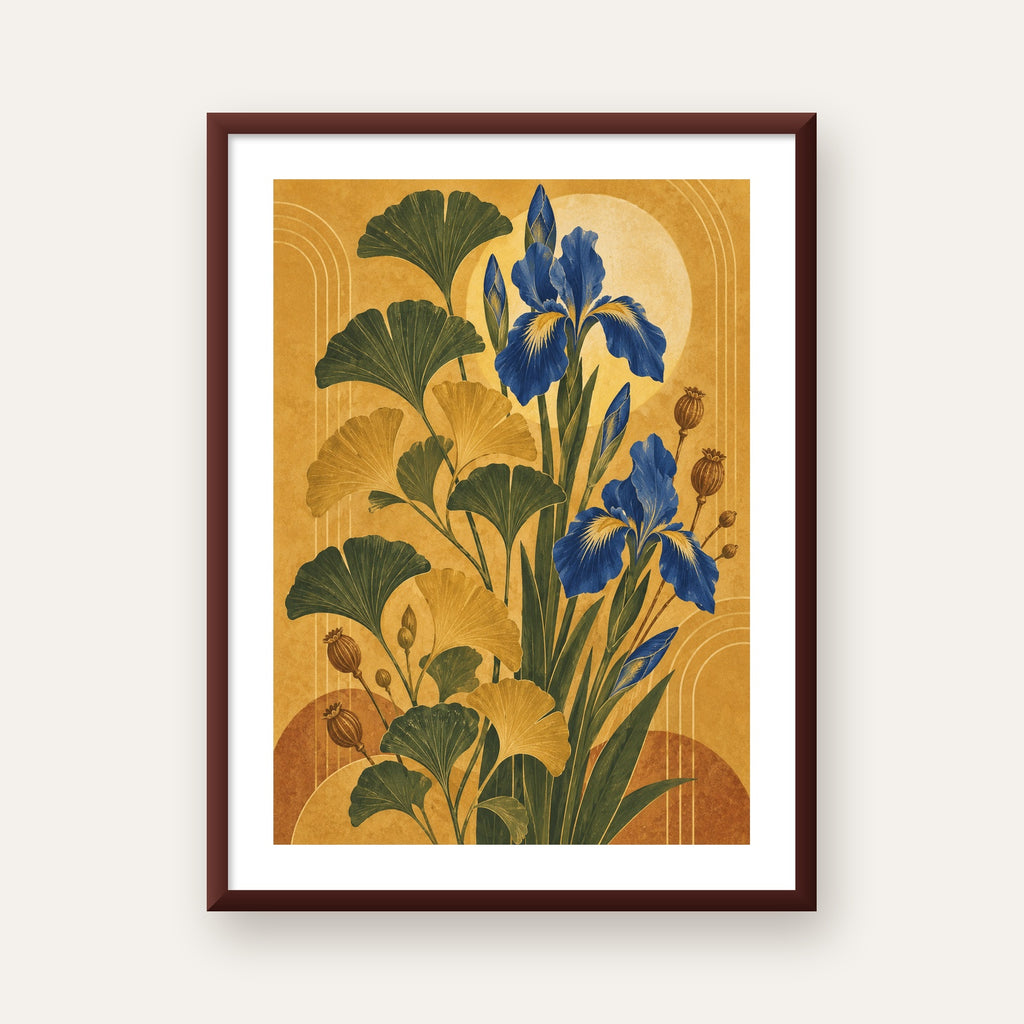 Altın Ginkgo ve Mavi İris Art Deco Botanik Poster — ceviz çerçeveli paspartulu