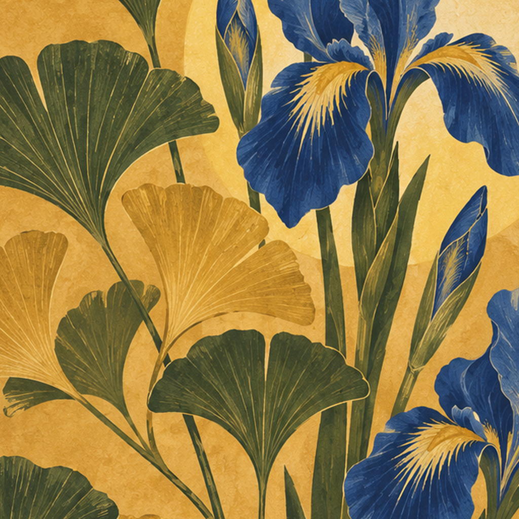 Art Deco Stilinde İris ve Gingko Çiçekli Poster Baskı — baskının yakın çekimi, kâğıt dokusu ve renk detayı