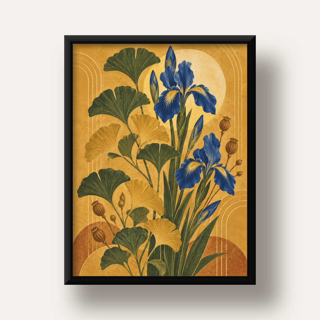 Altın Ginkgo ve Mavi İris Art Deco Botanik Poster — siyah derin çerçeveli