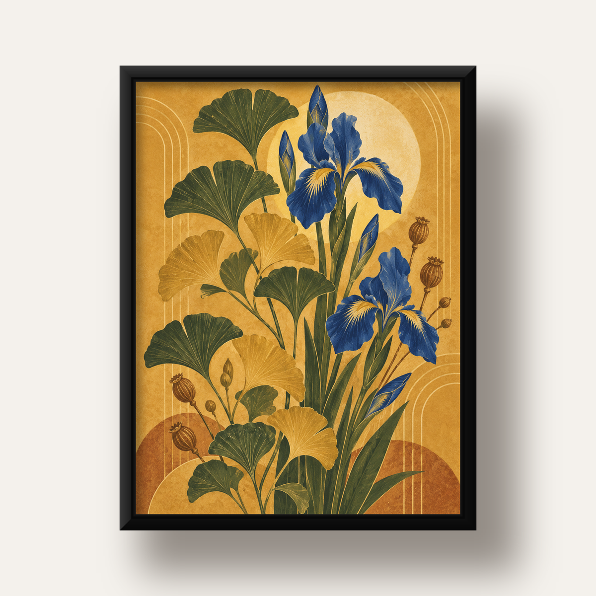 Altın Ginkgo ve Mavi İris Art Deco Botanik Poster — siyah derin çerçeveli