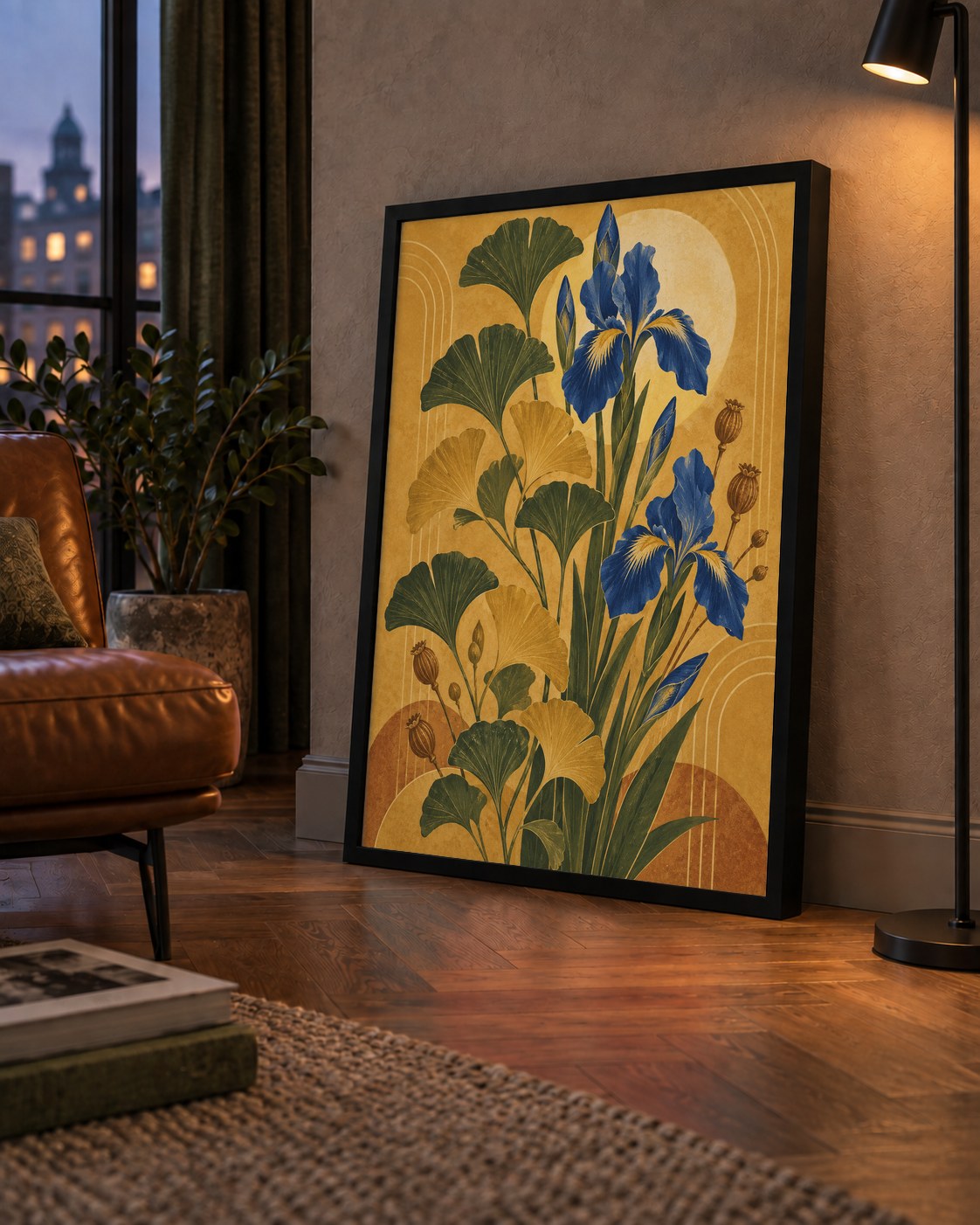 Altın Ginkgo ve Mavi İris Art Deco Botanik Poster — çerçeveli hâliyle bir ev duvarında