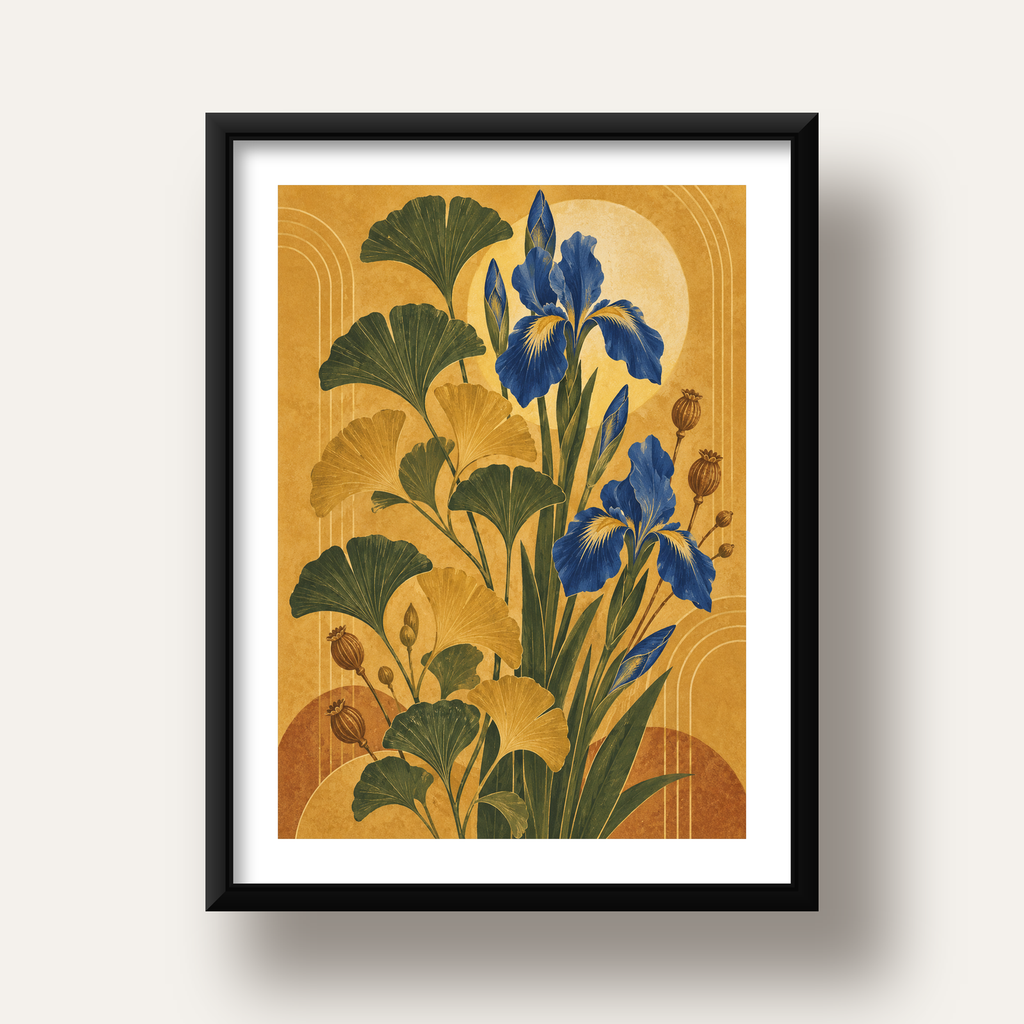 Altın Ginkgo ve Mavi İris Art Deco Botanik Poster — siyah derin çerçeveli paspartulu