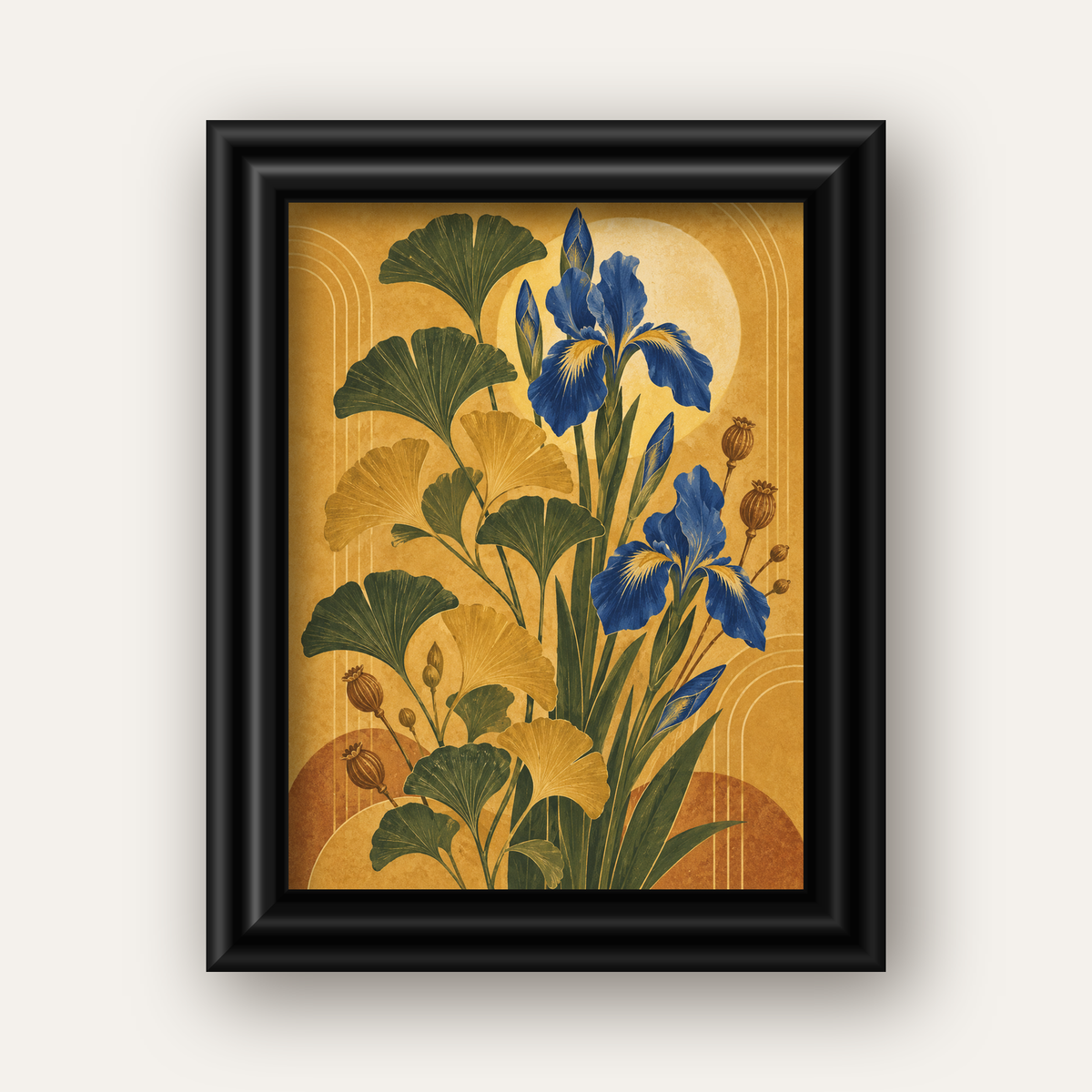 Altın Ginkgo ve Mavi İris Art Deco Botanik Poster — siyah galeri çerçeveli
