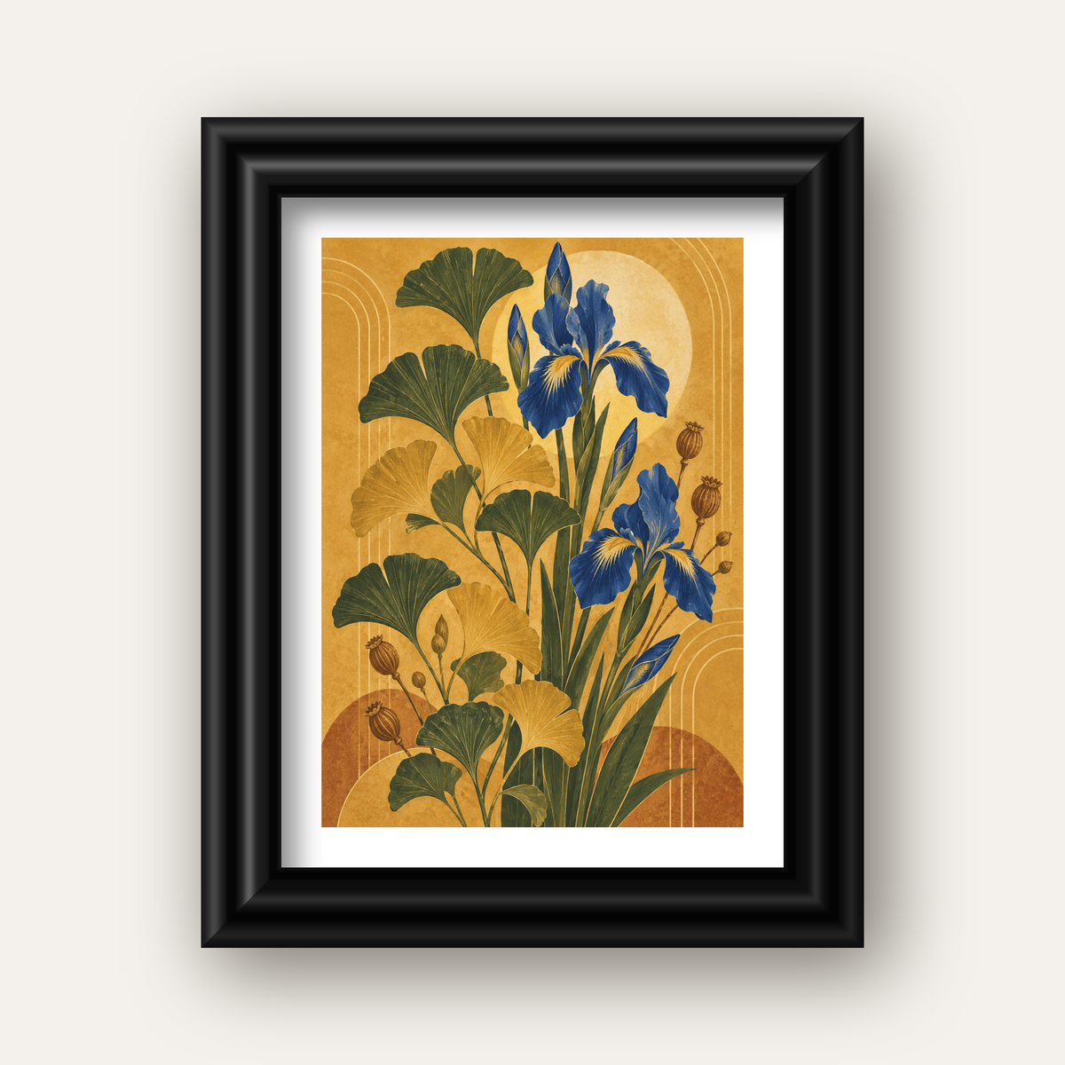 Altın Ginkgo ve Mavi İris Art Deco Botanik Poster — siyah galeri çerçeveli paspartulu