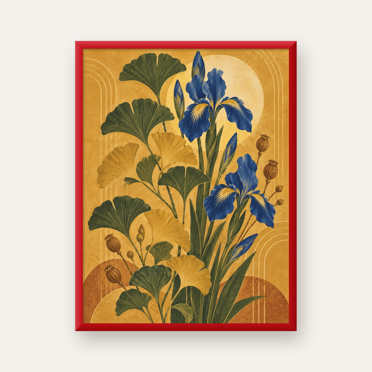 Altın Ginkgo ve Mavi İris Art Deco Botanik Poster — kırmızı çerçeveli