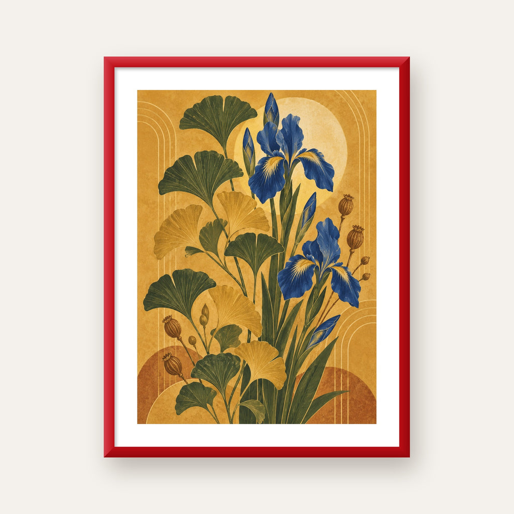 Altın Ginkgo ve Mavi İris Art Deco Botanik Poster — kırmızı çerçeveli paspartulu