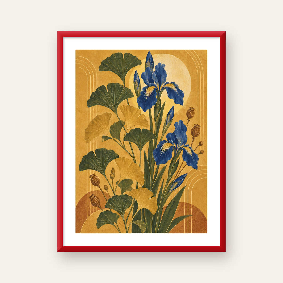Altın Ginkgo ve Mavi İris Art Deco Botanik Poster — kırmızı çerçeveli paspartulu