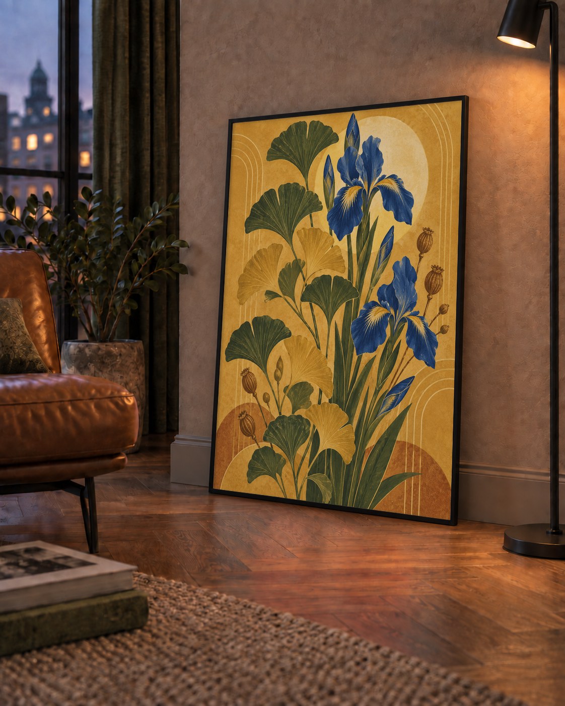 Altın Ginkgo ve Mavi İris Art Deco Botanik Poster — çerçeveli hâliyle bir ev duvarında