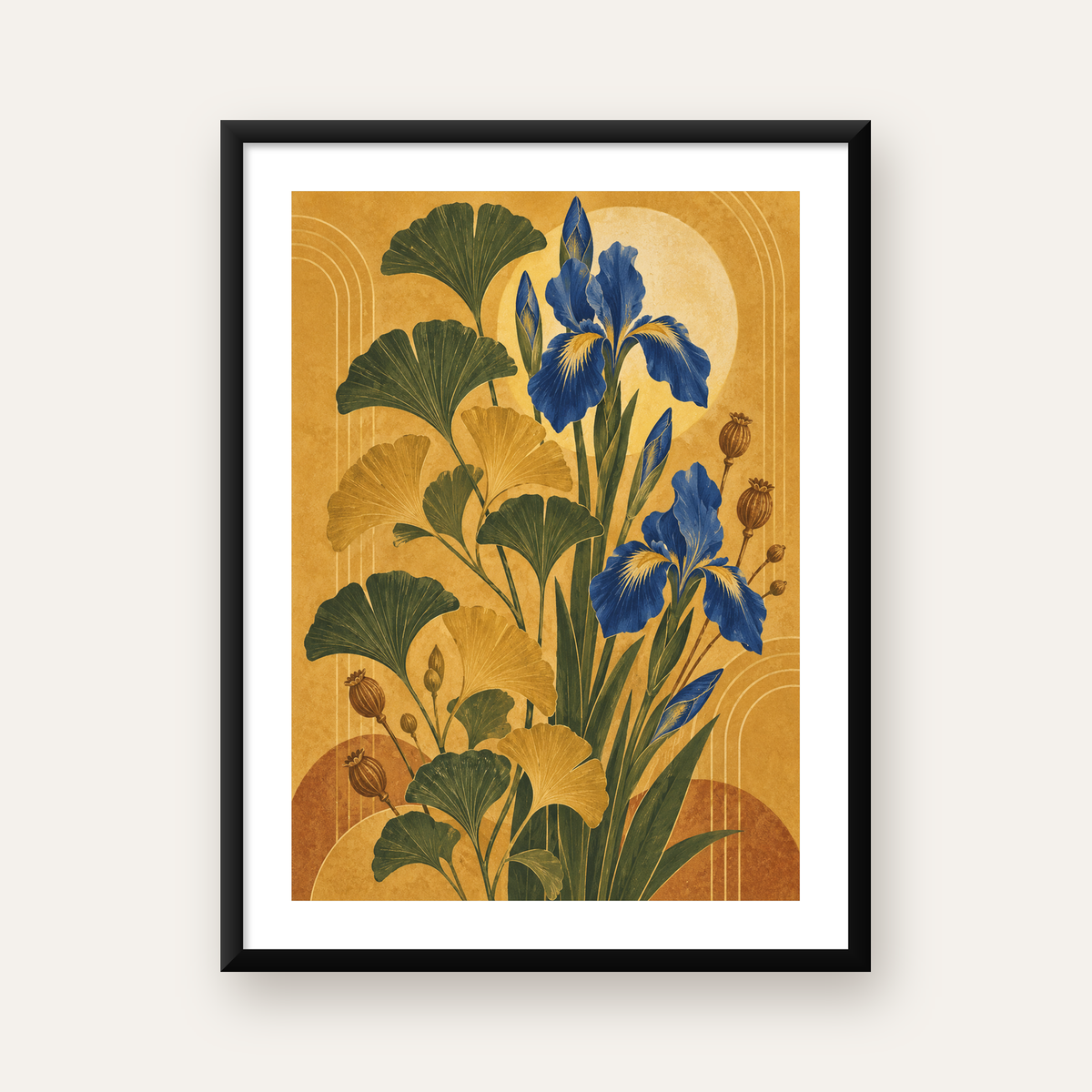 Art Deco Stilinde İris ve Gingko Çiçekli Poster Baskı — Dikey baskı, beyaz kenar boşluklu