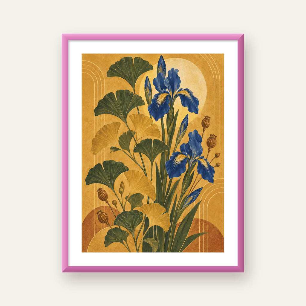 Altın Ginkgo ve Mavi İris Art Deco Botanik Poster — pembe çerçeveli paspartulu