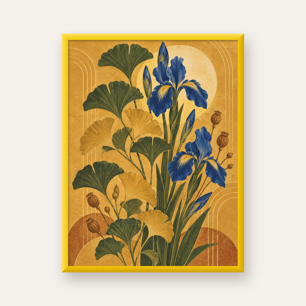 Altın Ginkgo ve Mavi İris Art Deco Botanik Poster — sarı çerçeveli