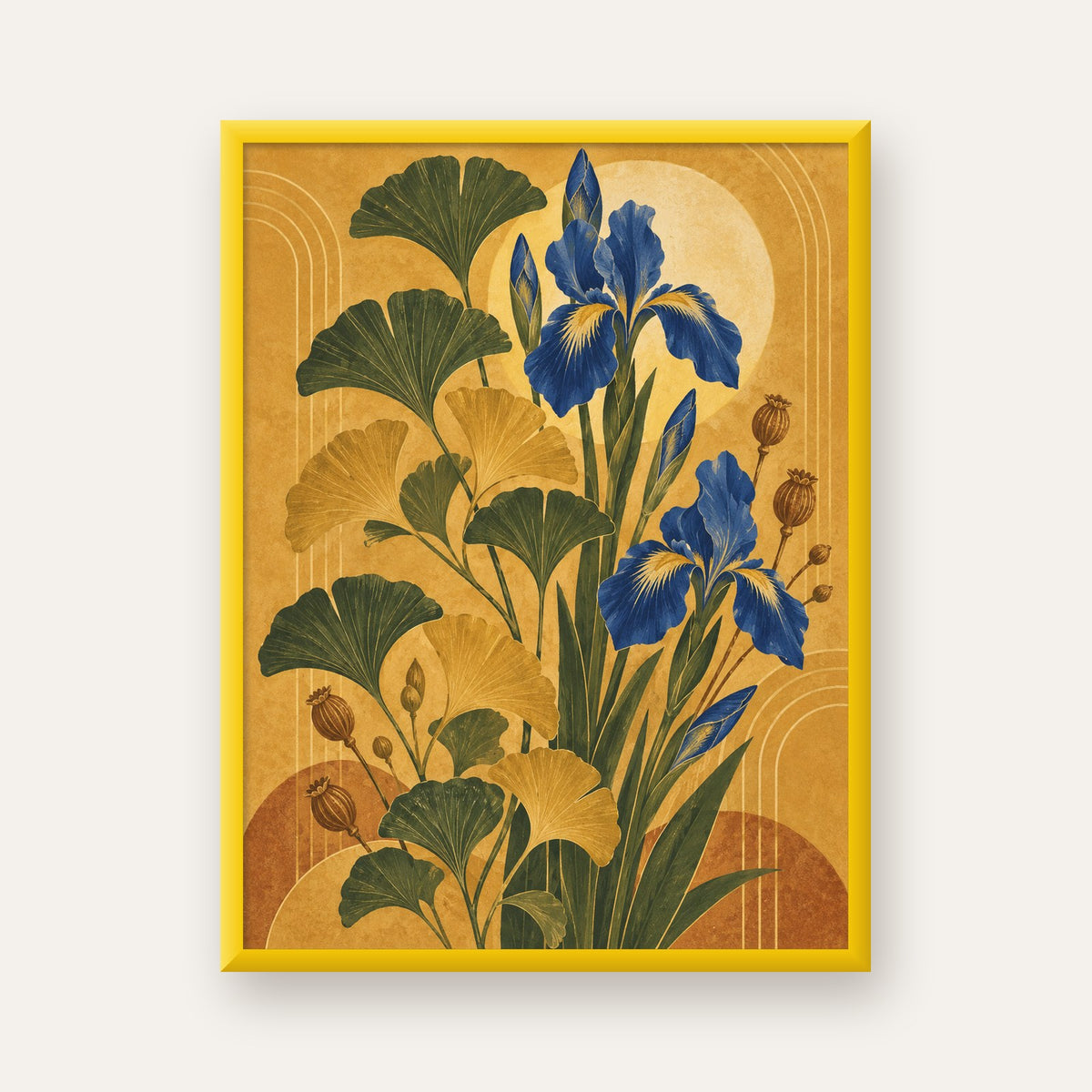 Altın Ginkgo ve Mavi İris Art Deco Botanik Poster — sarı çerçeveli