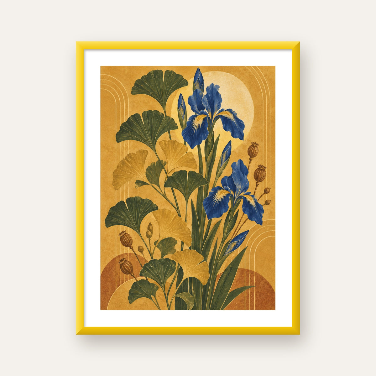 Altın Ginkgo ve Mavi İris Art Deco Botanik Poster — sarı çerçeveli paspartulu
