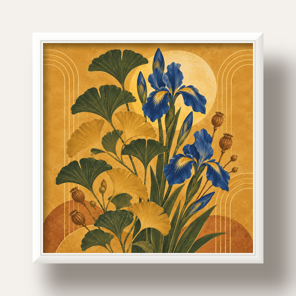 Altın Ginkgo ve Mavi İris Art Deco Botanik Poster — beyaz derin çerçeveli
