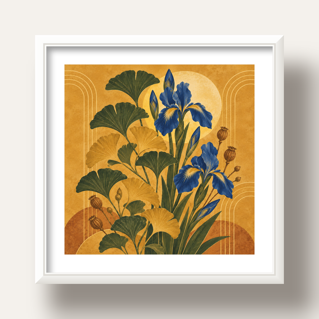 Altın Ginkgo ve Mavi İris Art Deco Botanik Poster — beyaz derin çerçeveli paspartulu