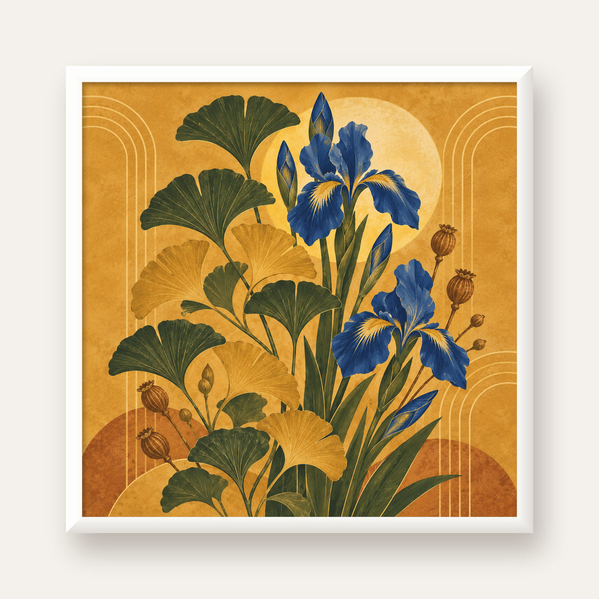 Altın Ginkgo ve Mavi İris Art Deco Botanik Poster — beyaz çerçeveli kare poster