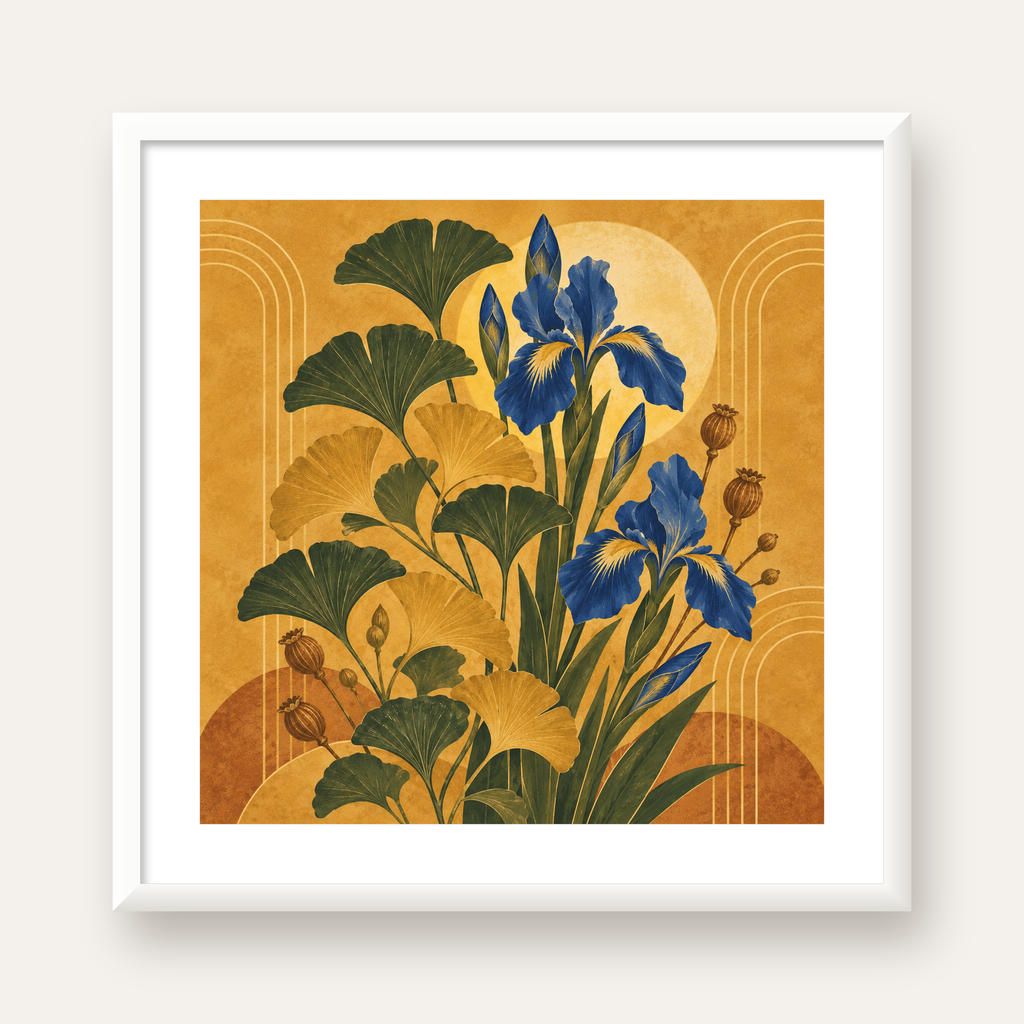 Altın Ginkgo ve Mavi İris Art Deco Botanik Poster — beyaz çerçeveli kare poster