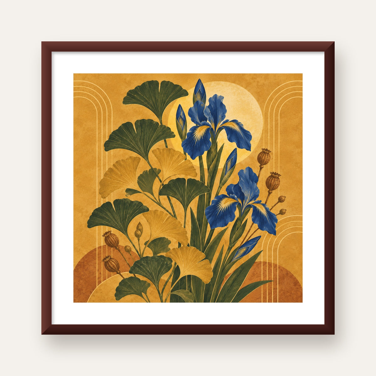 Altın Ginkgo ve Mavi İris Art Deco Botanik Poster — ceviz çerçeveli paspartulu