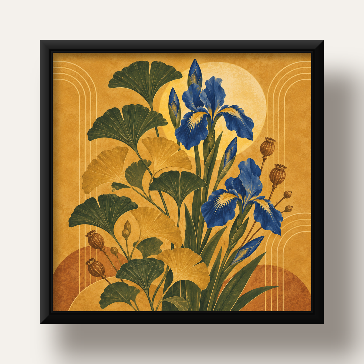 Altın Ginkgo ve Mavi İris Art Deco Botanik Poster — siyah derin çerçeveli