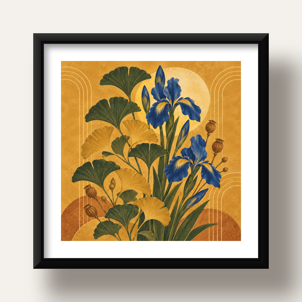 Altın Ginkgo ve Mavi İris Art Deco Botanik Poster — siyah derin çerçeveli paspartulu