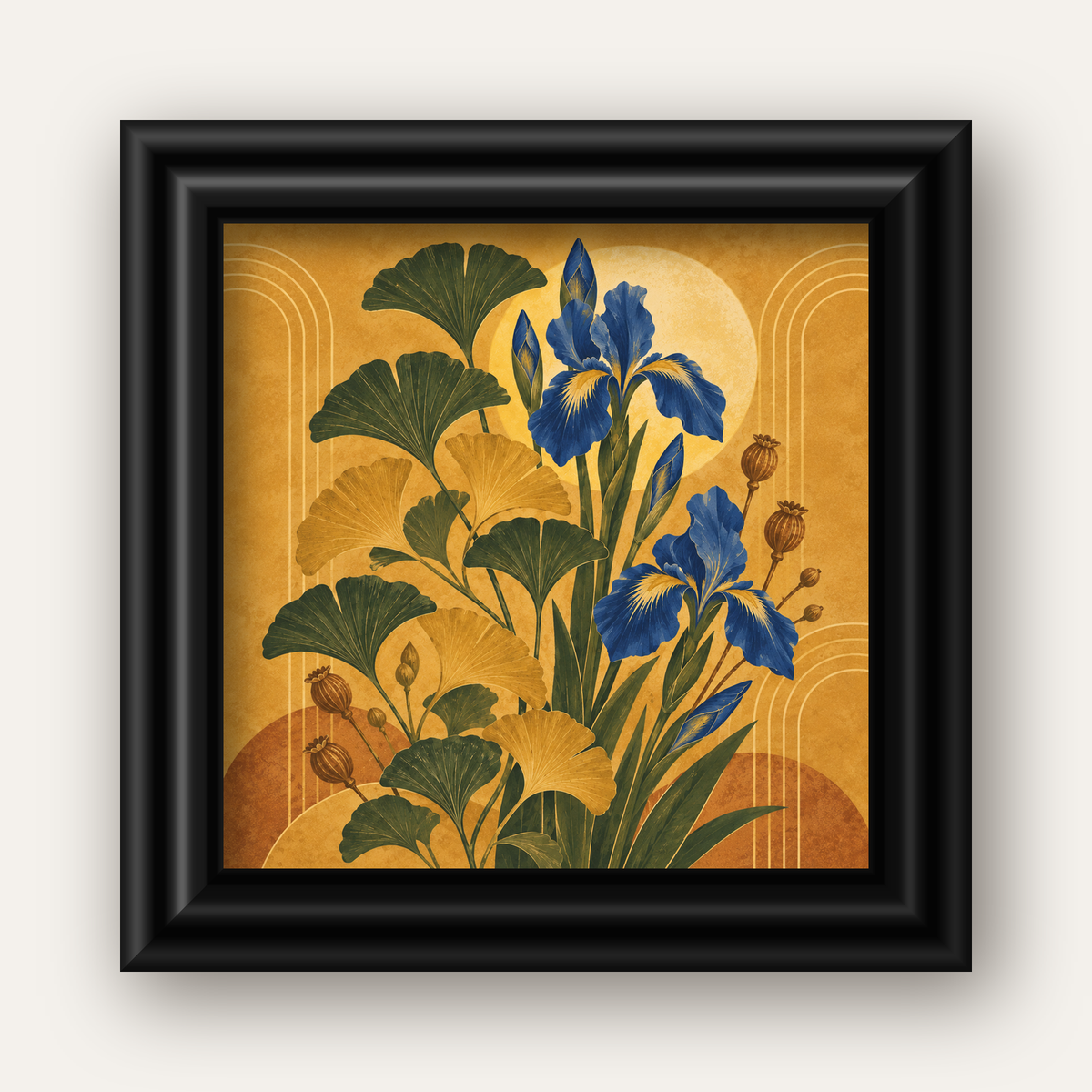 Altın Ginkgo ve Mavi İris Art Deco Botanik Poster — siyah galeri çerçeveli