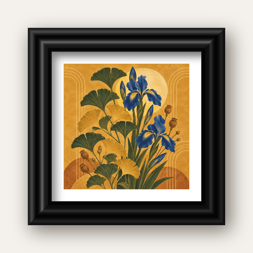 Altın Ginkgo ve Mavi İris Art Deco Botanik Poster — siyah galeri çerçeveli paspartulu