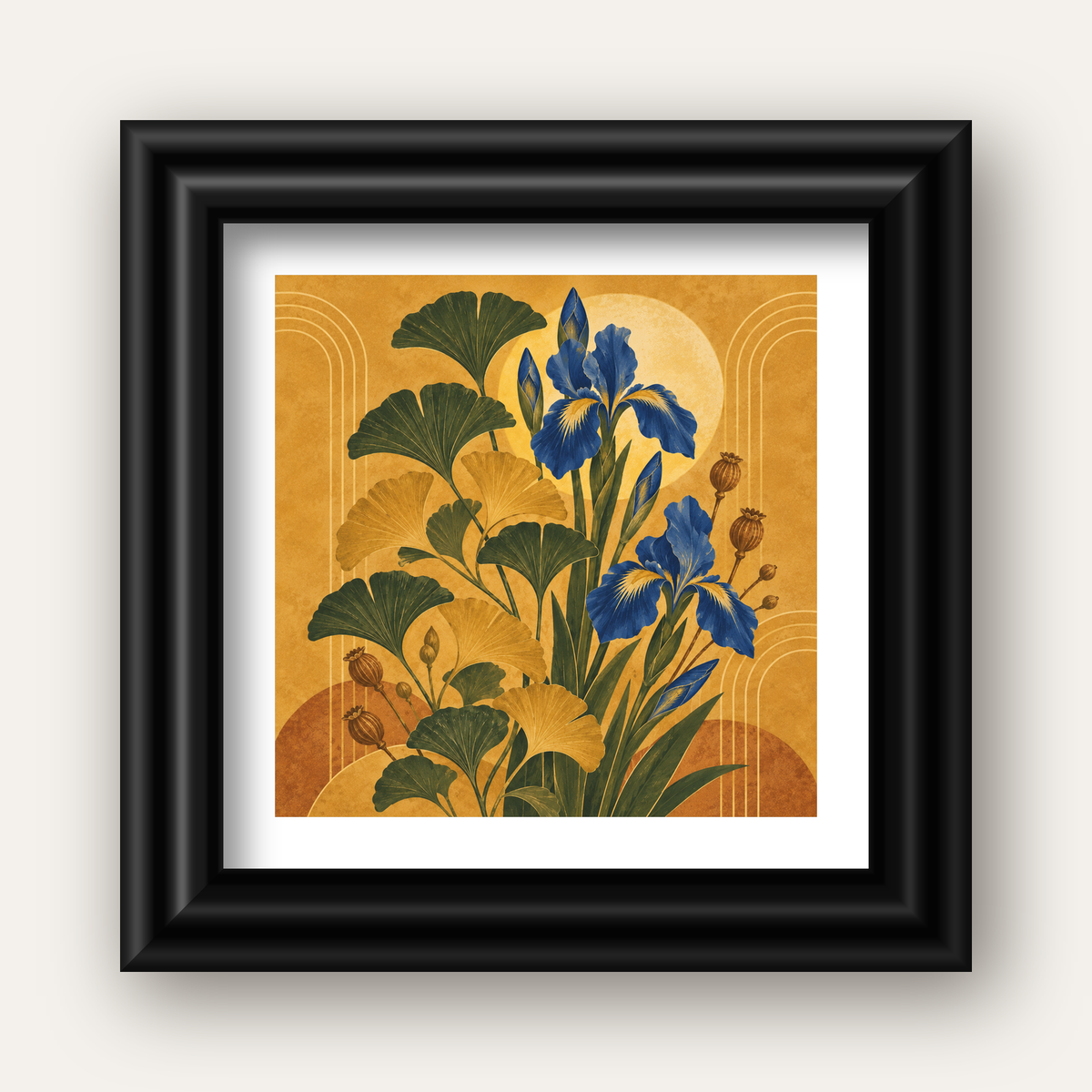 Altın Ginkgo ve Mavi İris Art Deco Botanik Poster — siyah galeri çerçeveli paspartulu