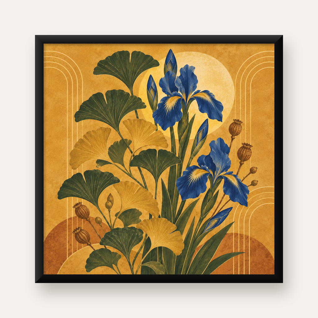 Art Deco Stilinde İris ve Gingko Çiçekli Poster Baskı — Kare baskı, düz siyah çerçeveli duvar posteri