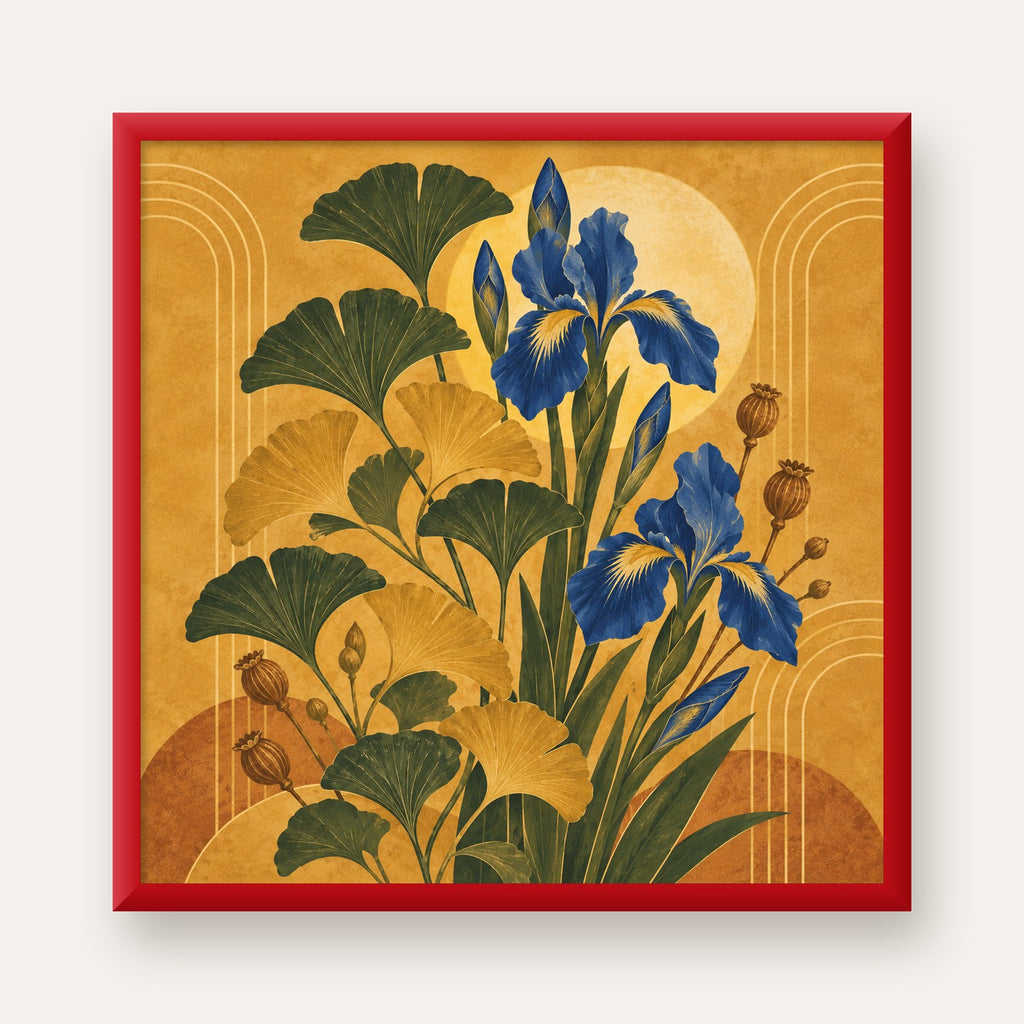 Altın Ginkgo ve Mavi İris Art Deco Botanik Poster — kırmızı çerçeveli