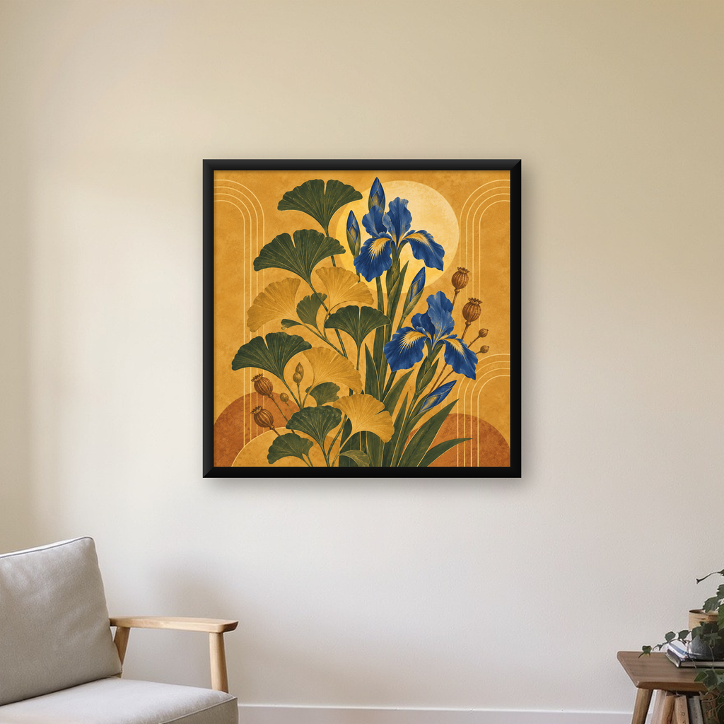 Art Deco Stilinde İris ve Gingko Çiçekli Poster Baskı — Kare baskı, çerçeveli hâliyle bir ev duvarında