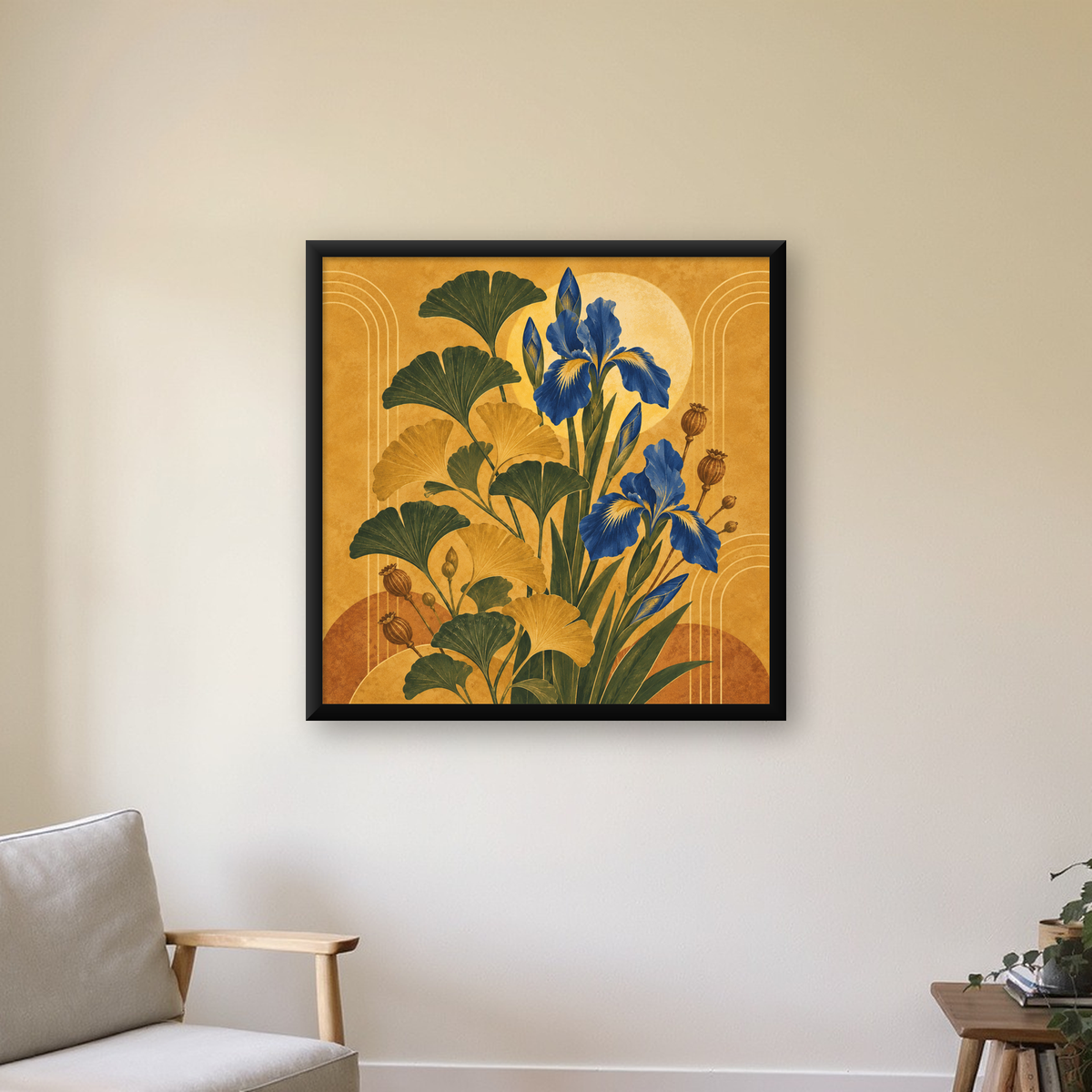 Art Deco Stilinde İris ve Gingko Çiçekli Poster Baskı — Kare baskı, çerçeveli hâliyle bir ev duvarında