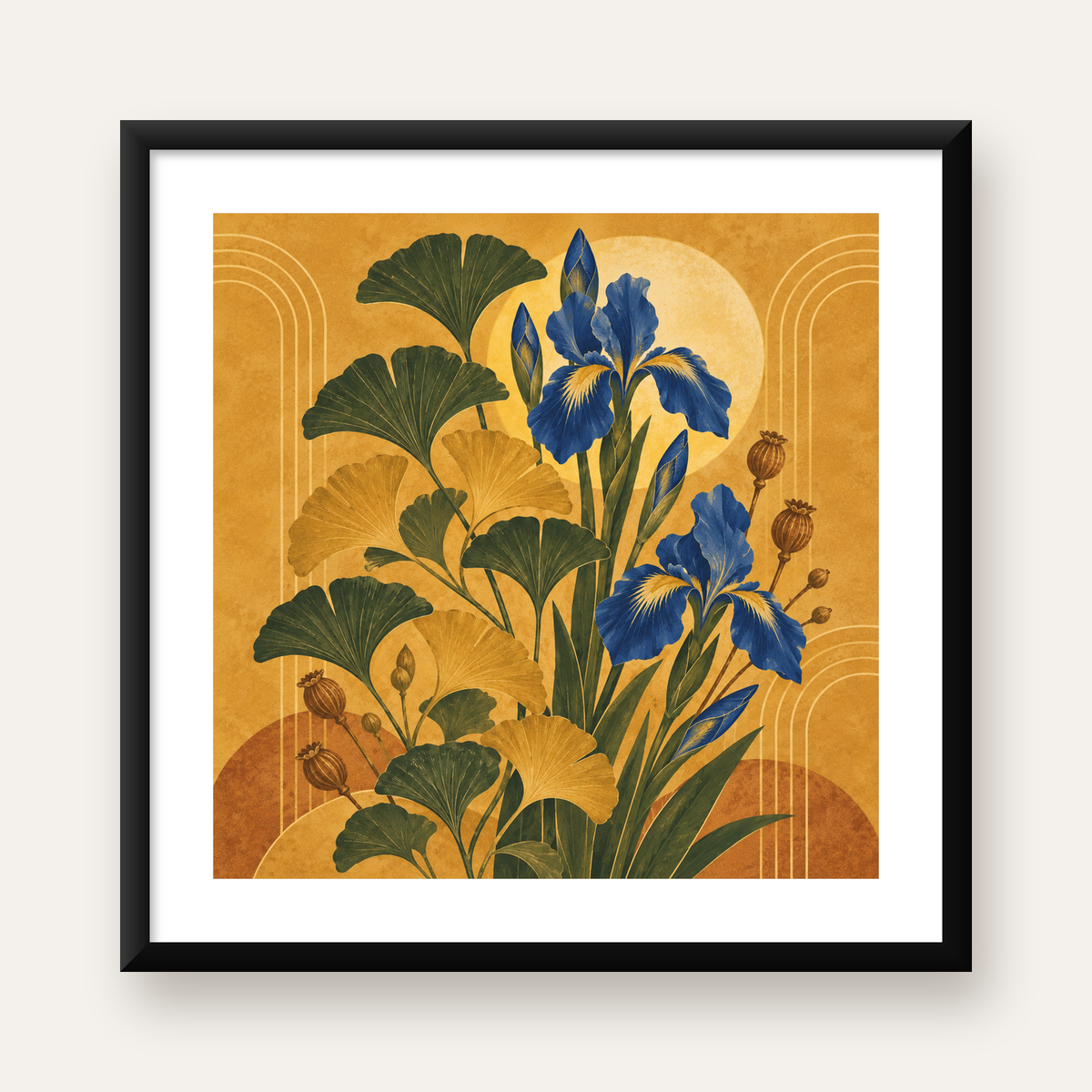 Art Deco Stilinde İris ve Gingko Çiçekli Poster Baskı — Kare baskı, beyaz kenar boşluklu