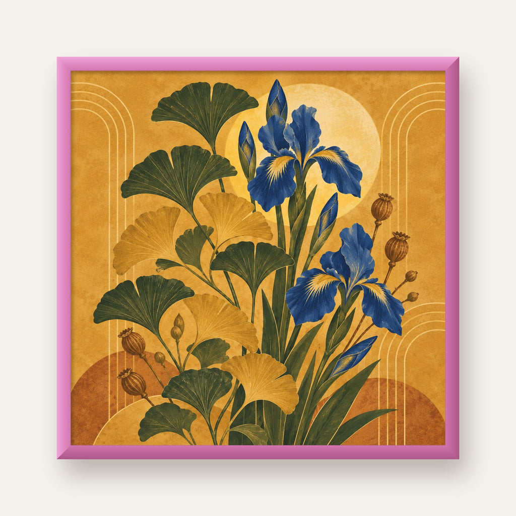 Altın Ginkgo ve Mavi İris Art Deco Botanik Poster — pembe çerçeveli