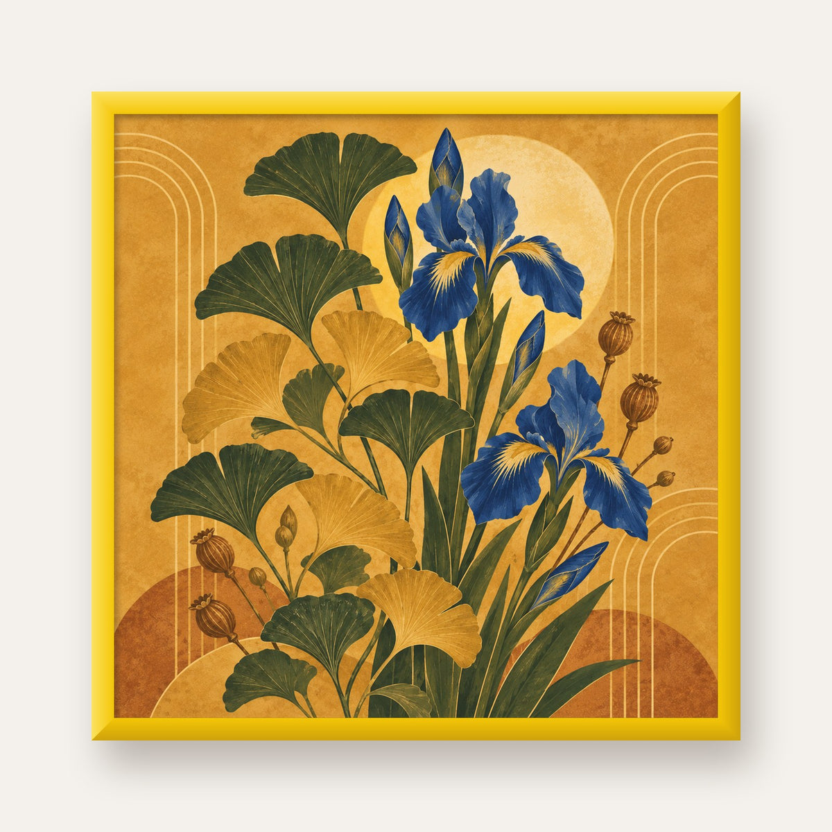 Altın Ginkgo ve Mavi İris Art Deco Botanik Poster — sarı çerçeveli