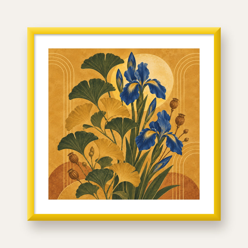 Altın Ginkgo ve Mavi İris Art Deco Botanik Poster — sarı çerçeveli paspartulu