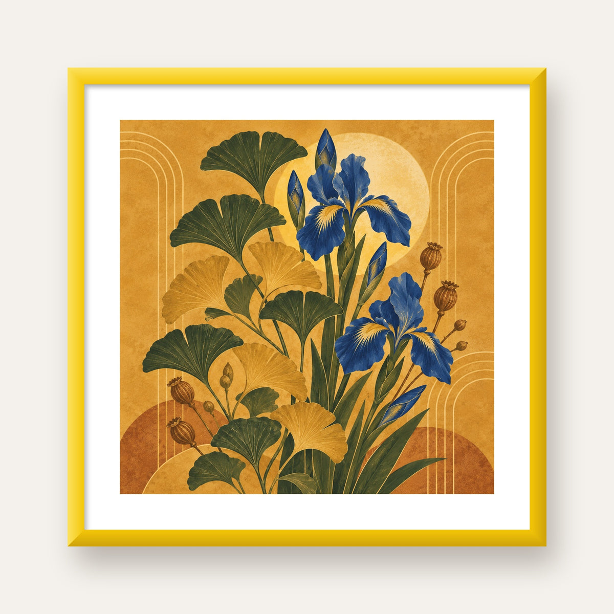 Altın Ginkgo ve Mavi İris Art Deco Botanik Poster — sarı çerçeveli paspartulu