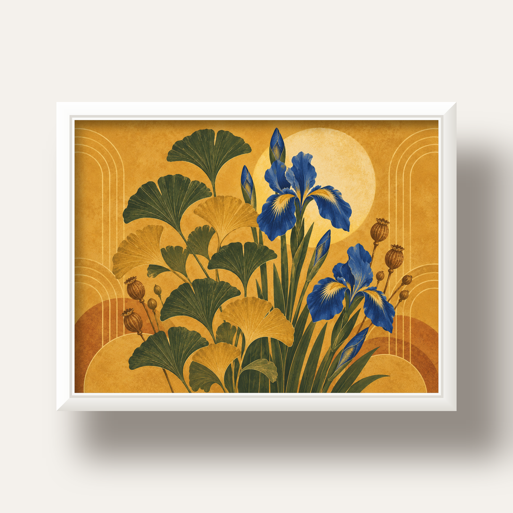Altın Ginkgo ve Mavi İris Art Deco Botanik Poster — beyaz derin çerçeveli