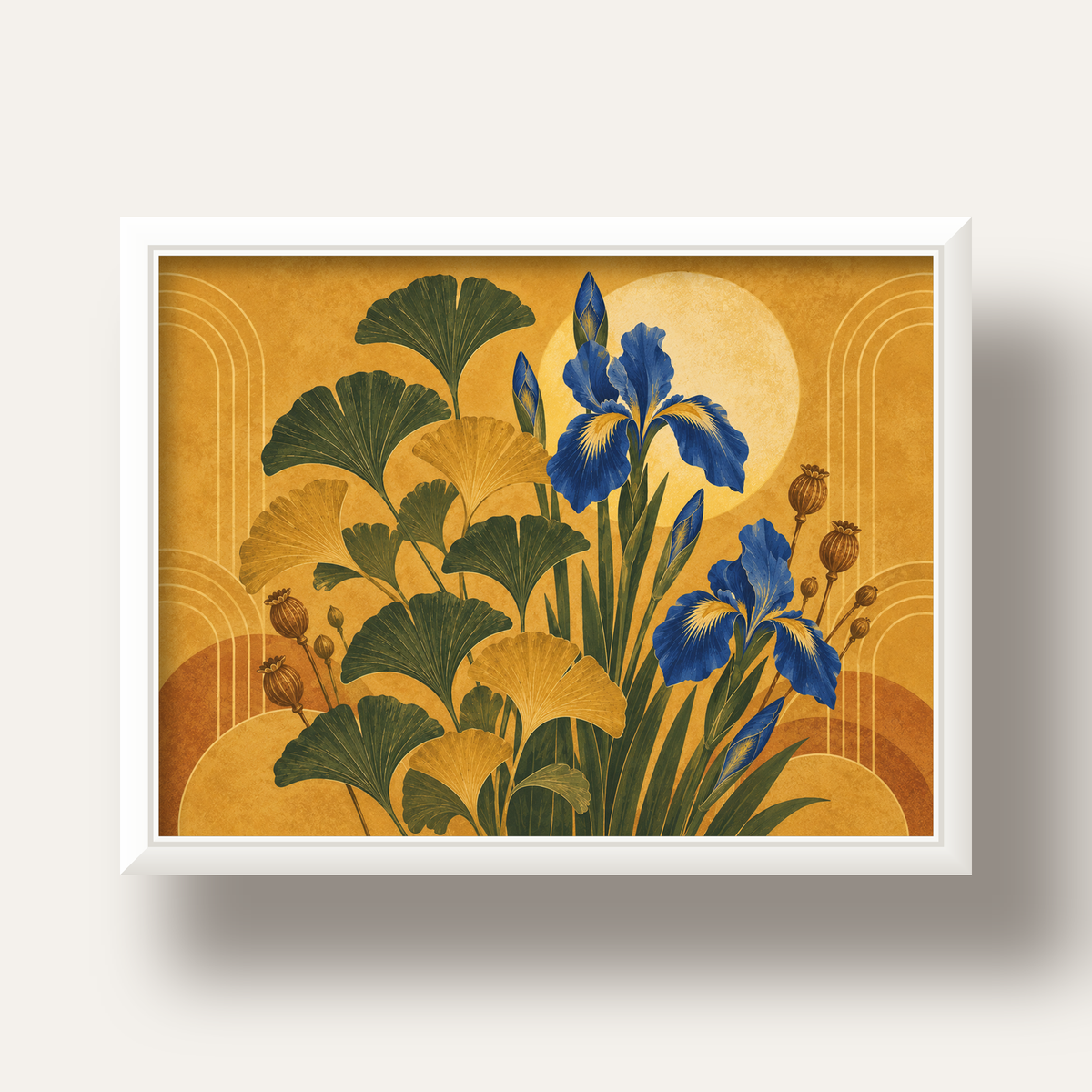 Altın Ginkgo ve Mavi İris Art Deco Botanik Poster — beyaz derin çerçeveli